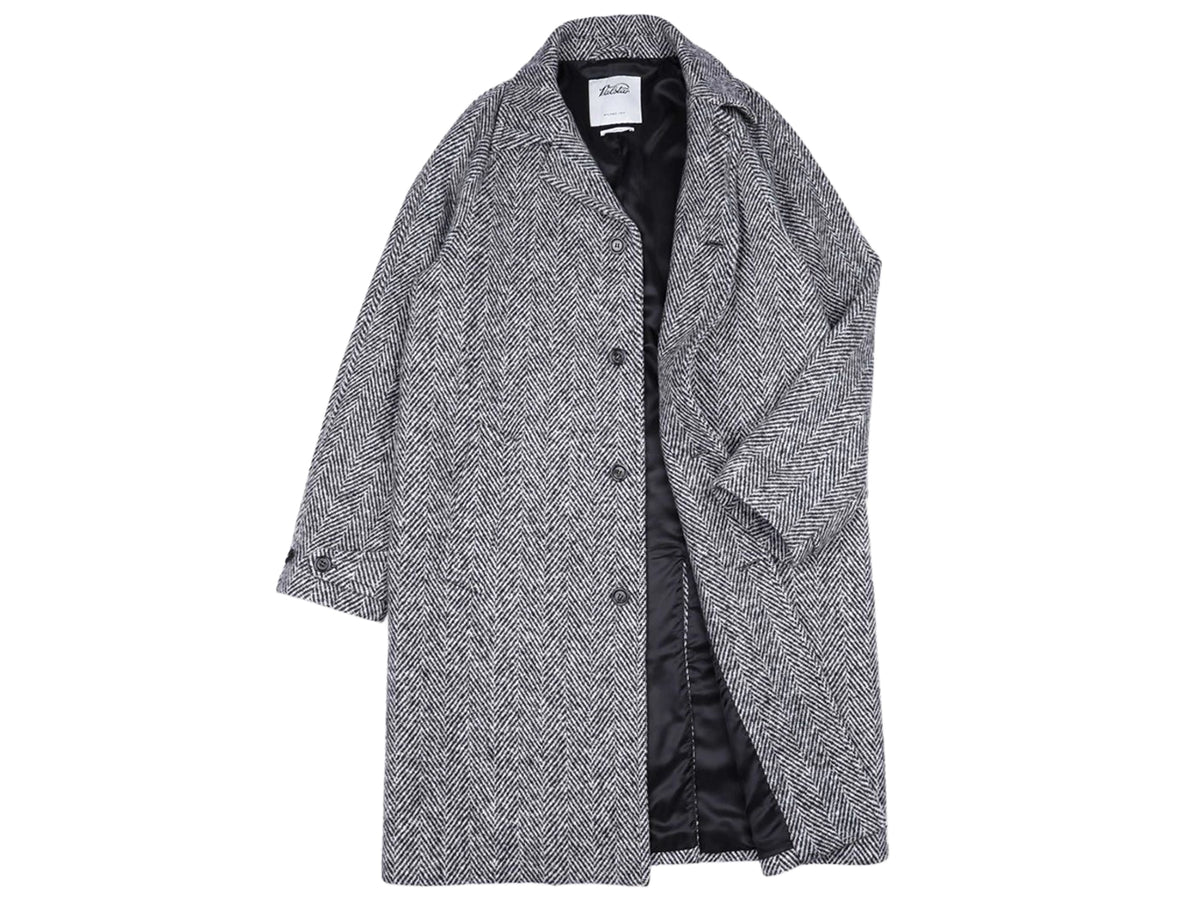 Balmacaan Raglan Overcoat Grey Herringbone Wool