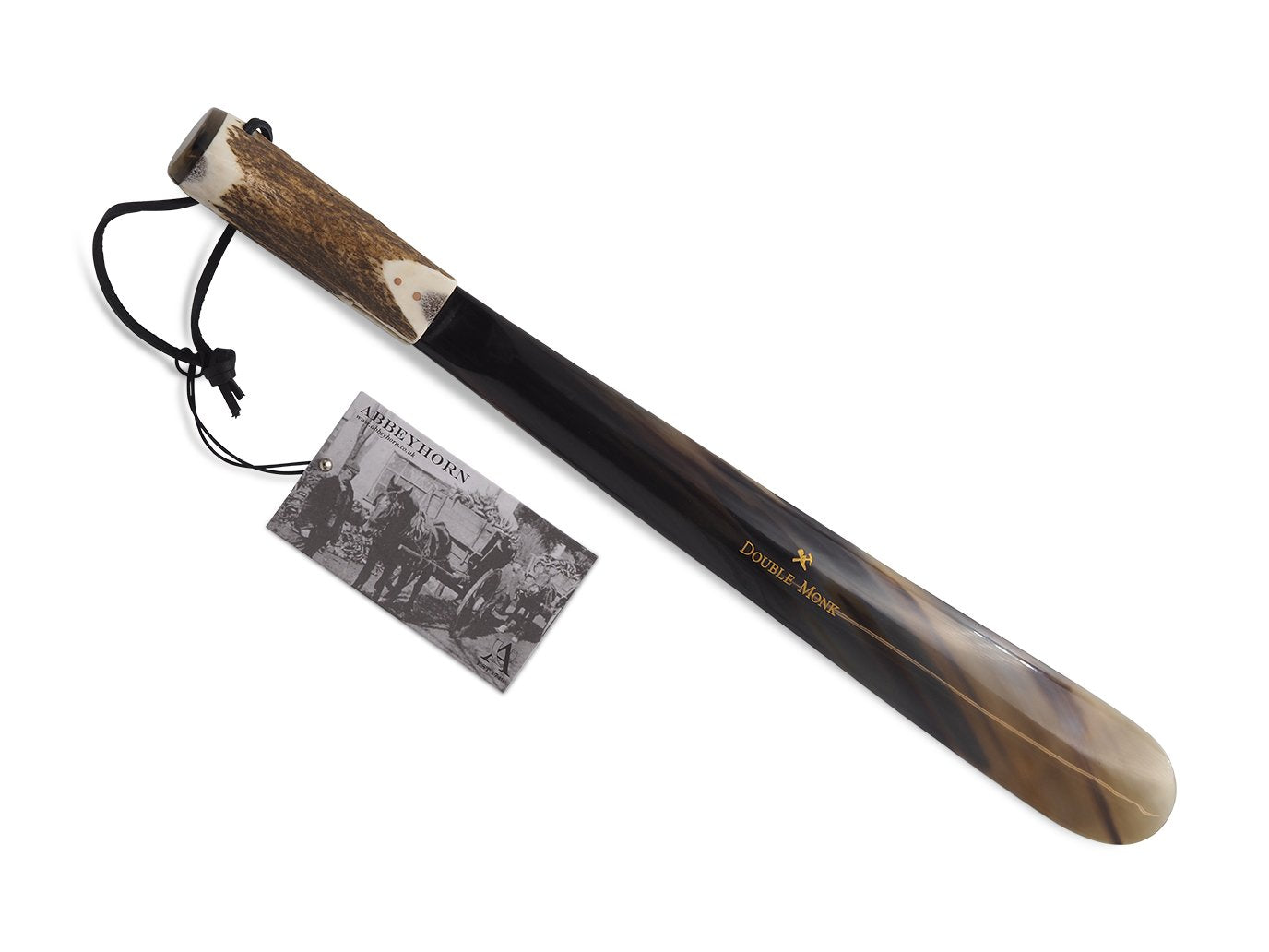 Back view of Abbeyhorn stag horn handle 17 inch shoe horn showing Shopovas logo
