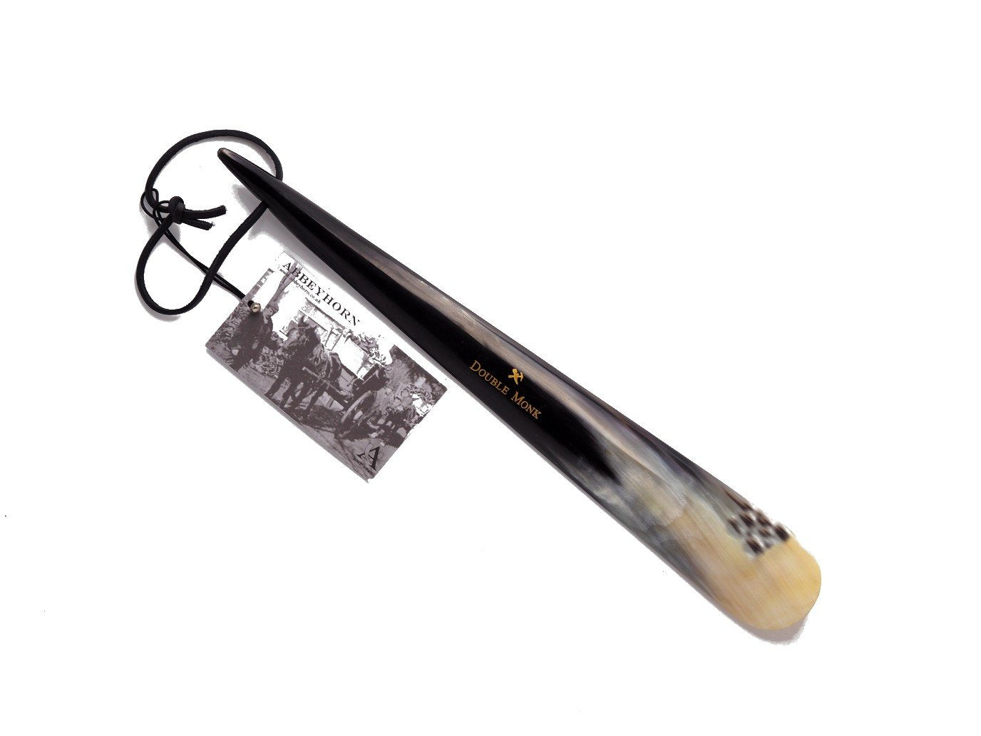 Back view of Abbeyhorn 14 inch tip end shoe horn showing Shopovas logo