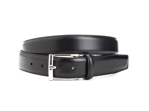Front view of Crockett & Jones black calf belt with nickel buckle