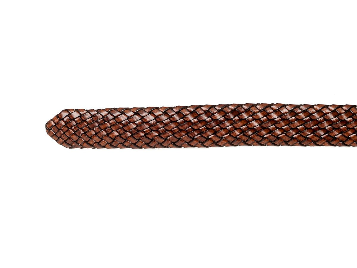 Crockett & Jones brown woven calf belt punch holes and end