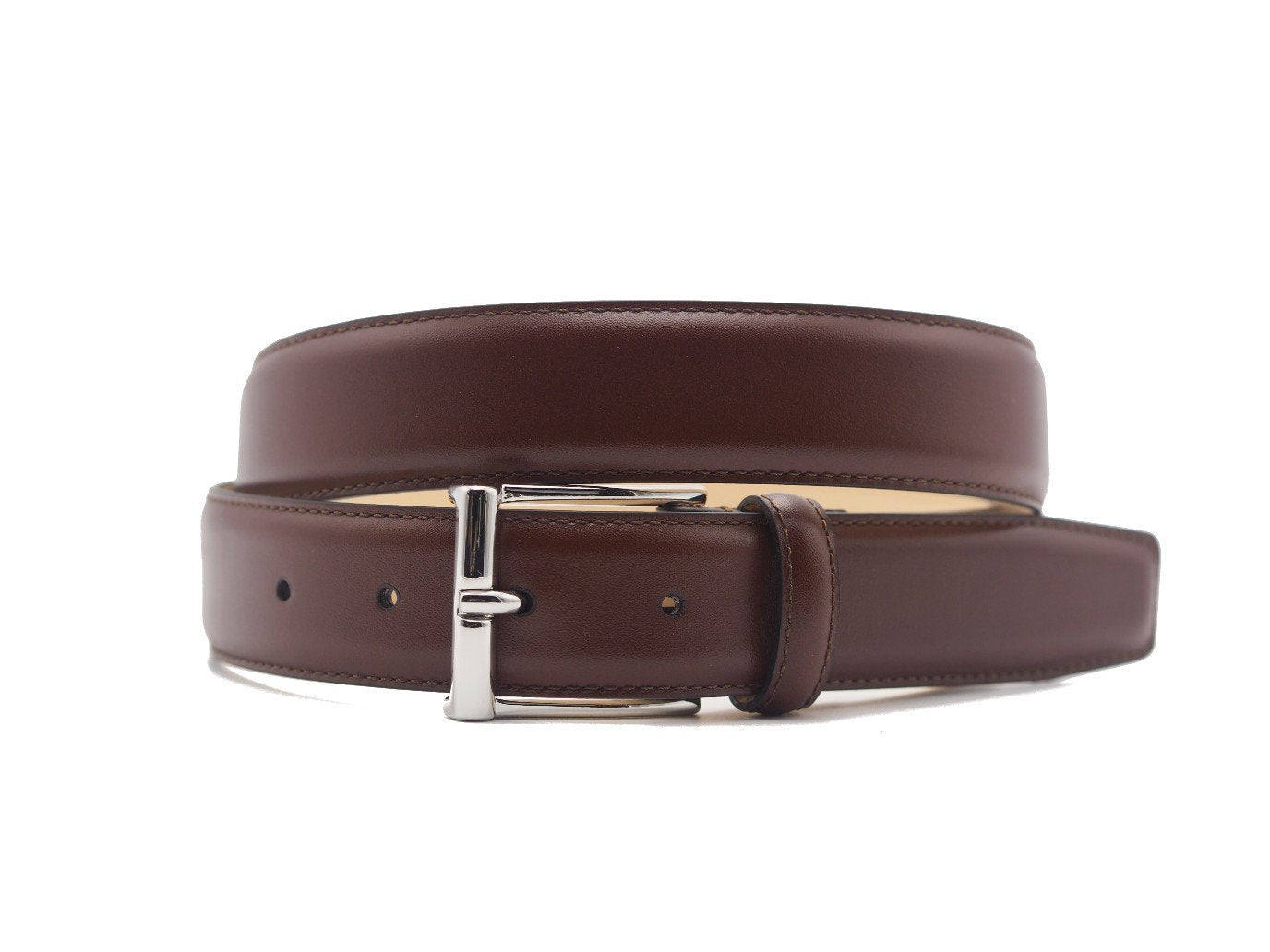 Front view of Crockett & Jones chestnut belt with nickel buckle