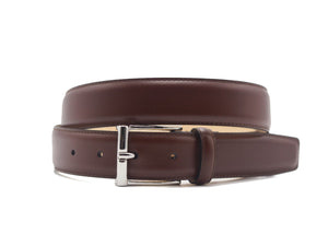 Front view of Crockett & Jones chestnut belt with nickel buckle