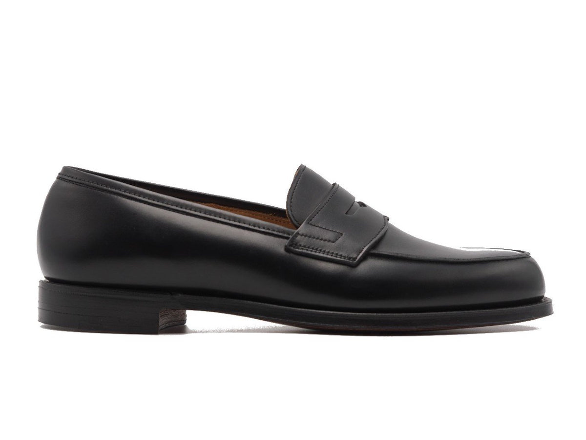 Side view of Crockett & Jones Grantham 2 penny loafers in black calf