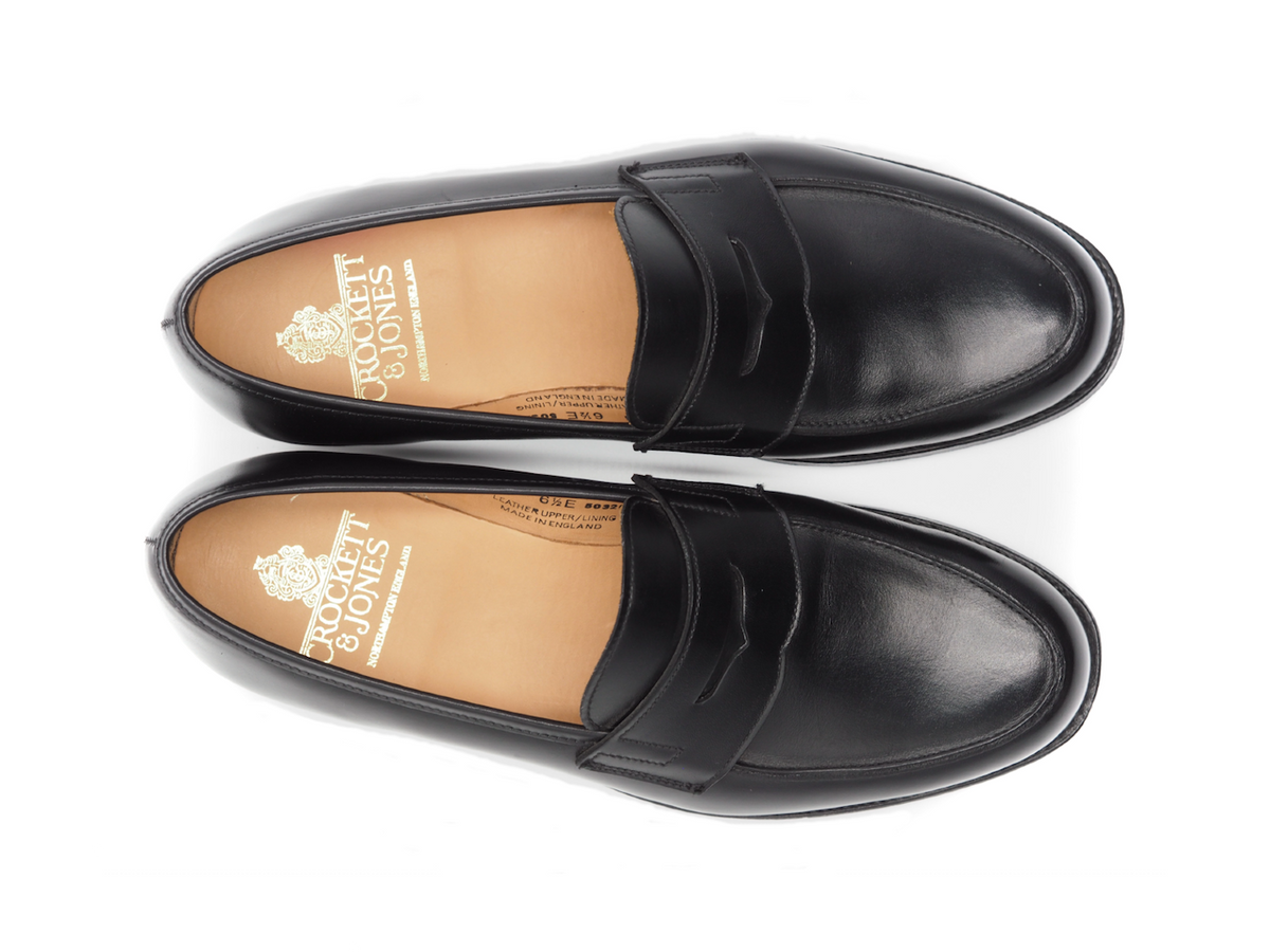 Top view of Crockett & Jones Grantham 2 penny loafers in black calf