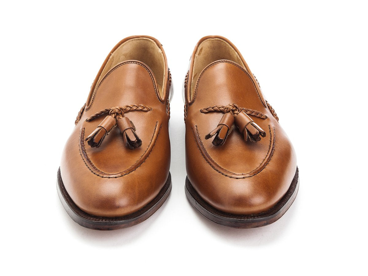 Front view of Crockett & Jones Langham 2 braided tassel loafers in ivywood burnished calf