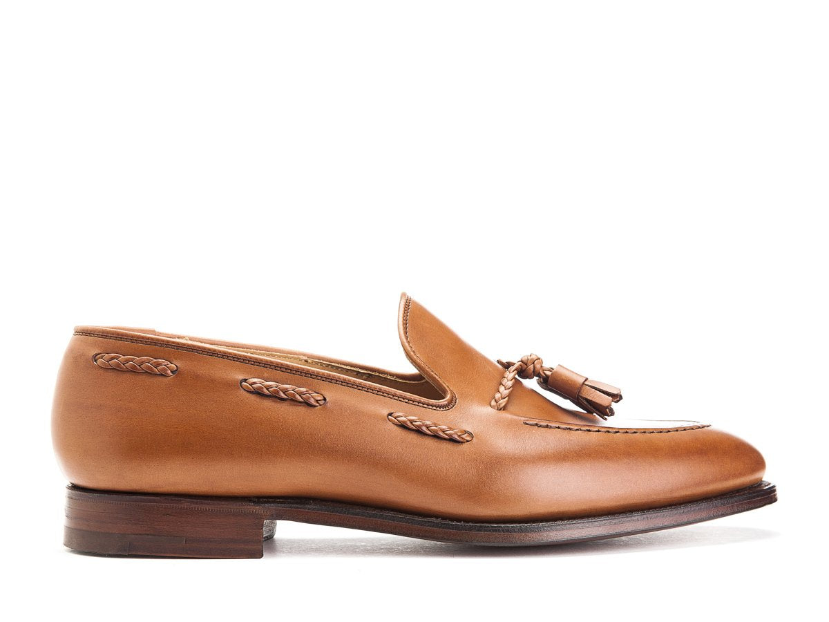 Side view of Crockett & Jones Langham 2 braided tassel loafers in ivywood burnished calf