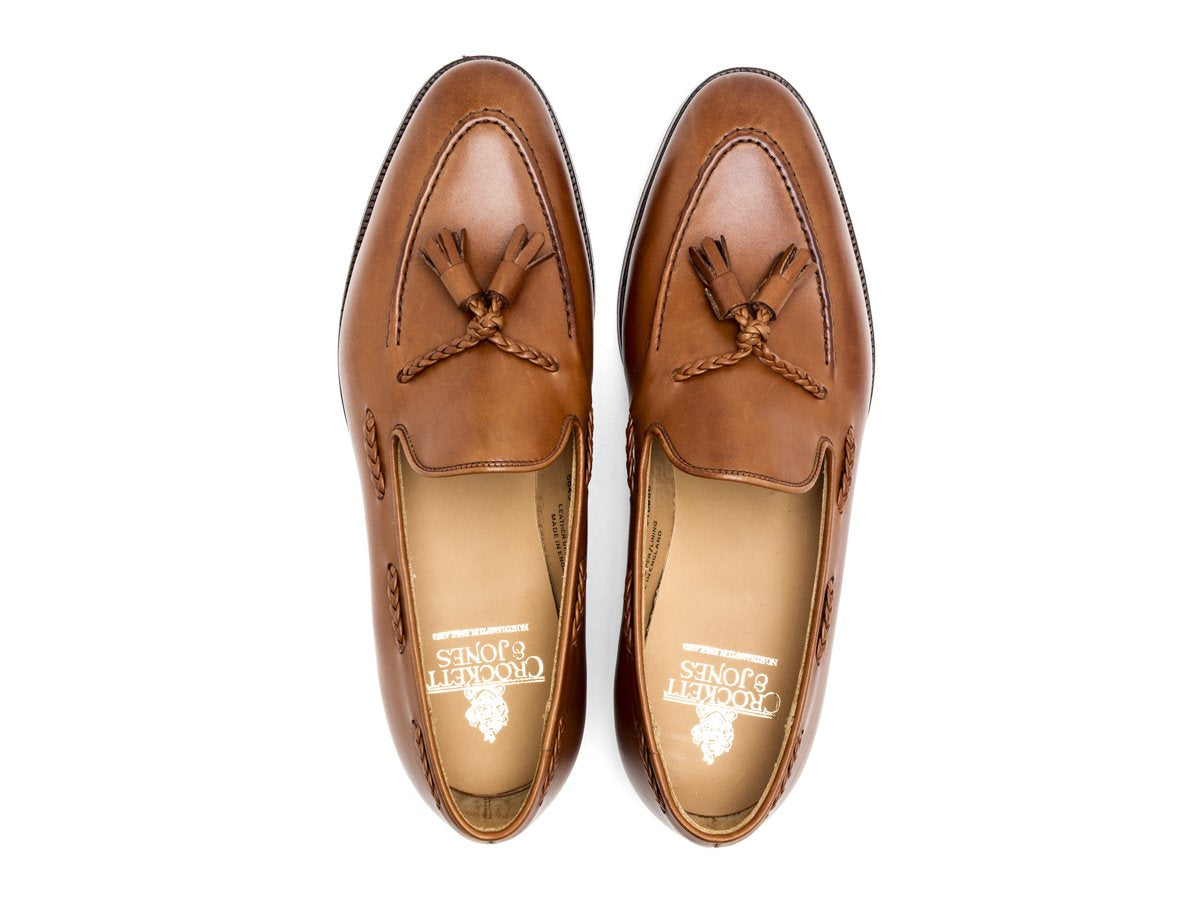Top view of Crockett & Jones Langham 2 braided tassel loafers in ivywood burnished calf