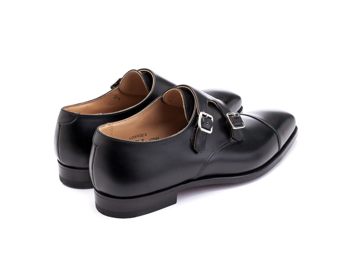 Back angle view of Crockett & Jones Lowndes captoe Shopovas strap shoes in black calf