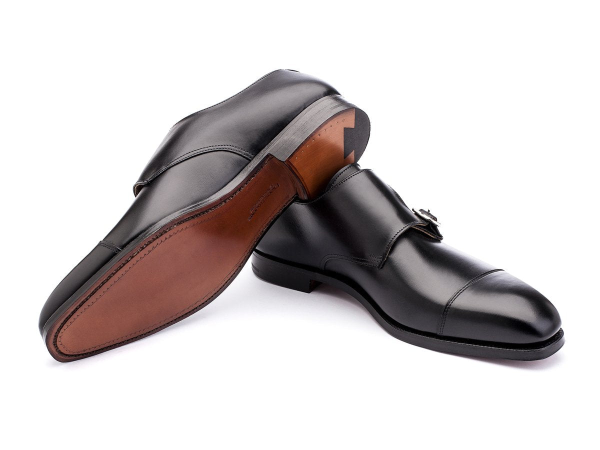 Leather sole of Crockett & Jones Lowndes captoe Shopovas strap shoes in black calf