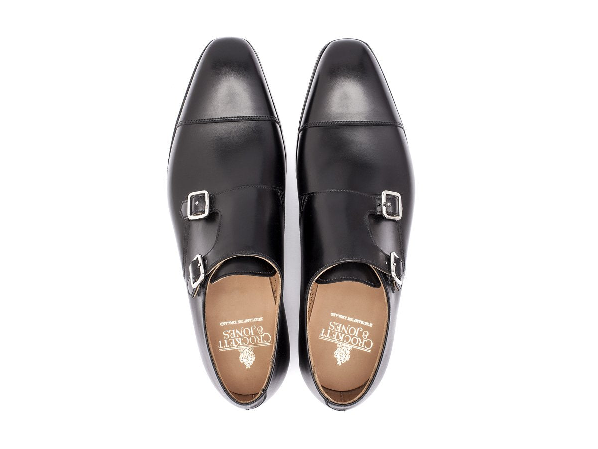 Top view of Crockett & Jones Lowndes captoe Shopovas strap shoes in black calf