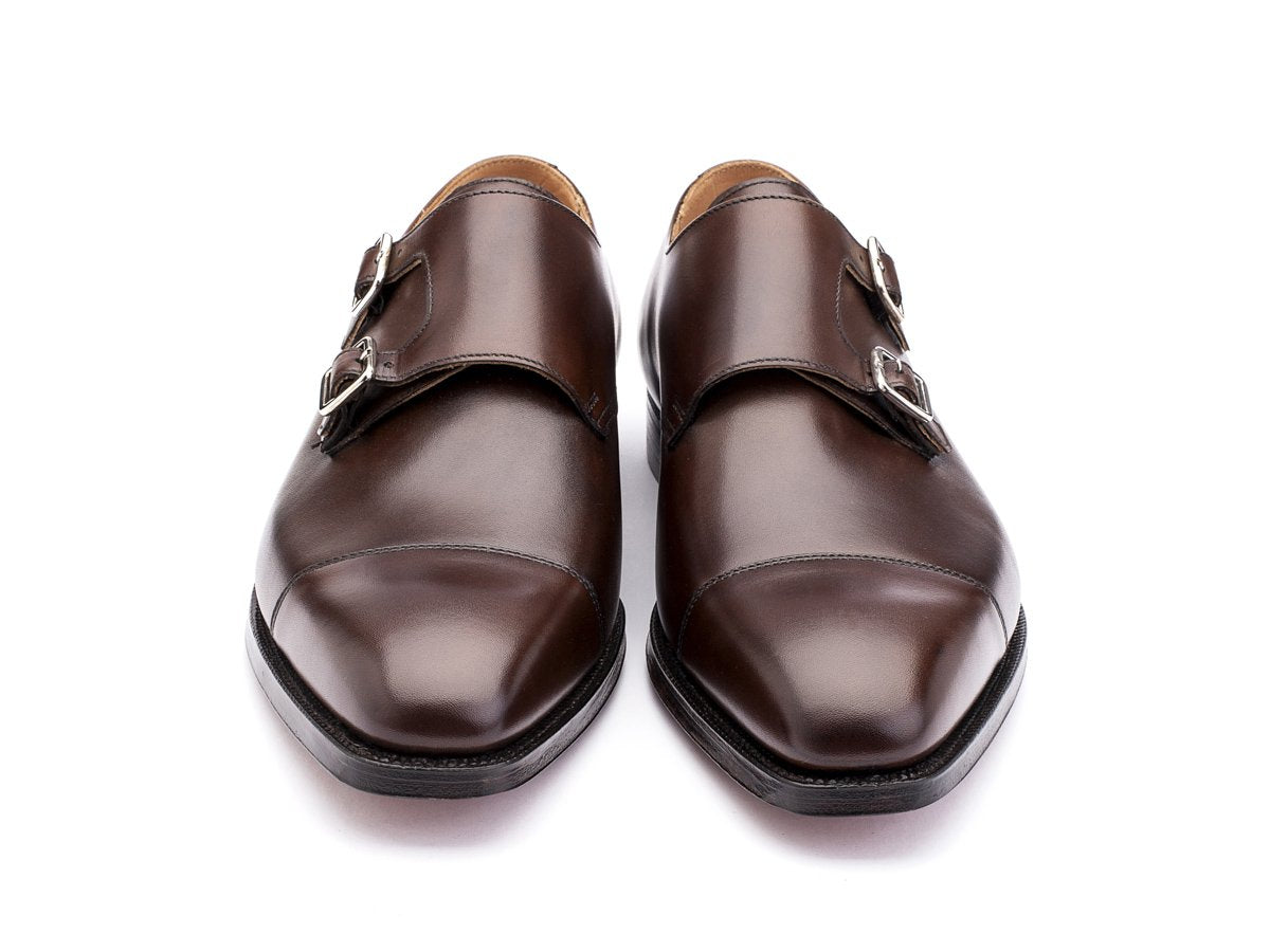 Front view of Crockett & Jones Lowndes captoe Shopovas strap shoes in dark brown burnished calf