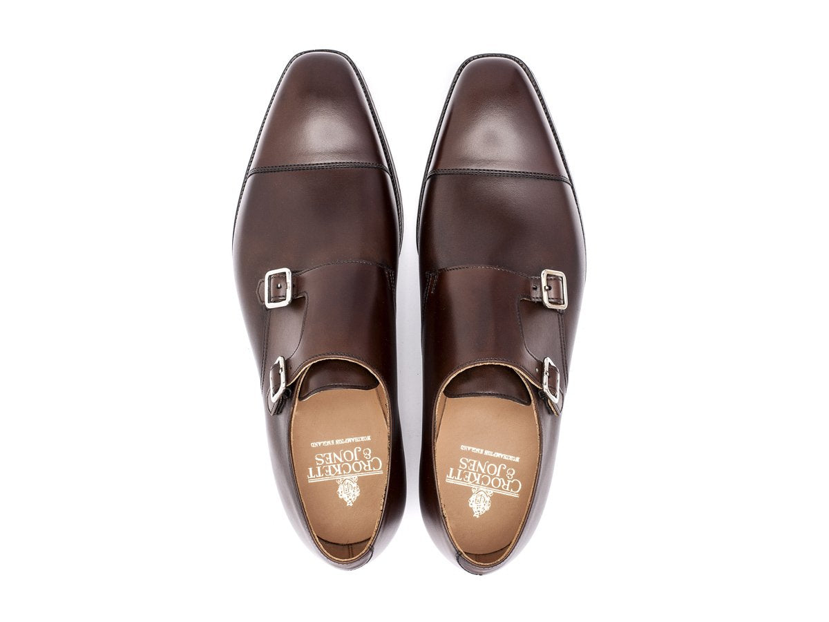 Top view of Crockett & Jones Lowndes captoe Shopovas strap shoes in dark brown burnished calf