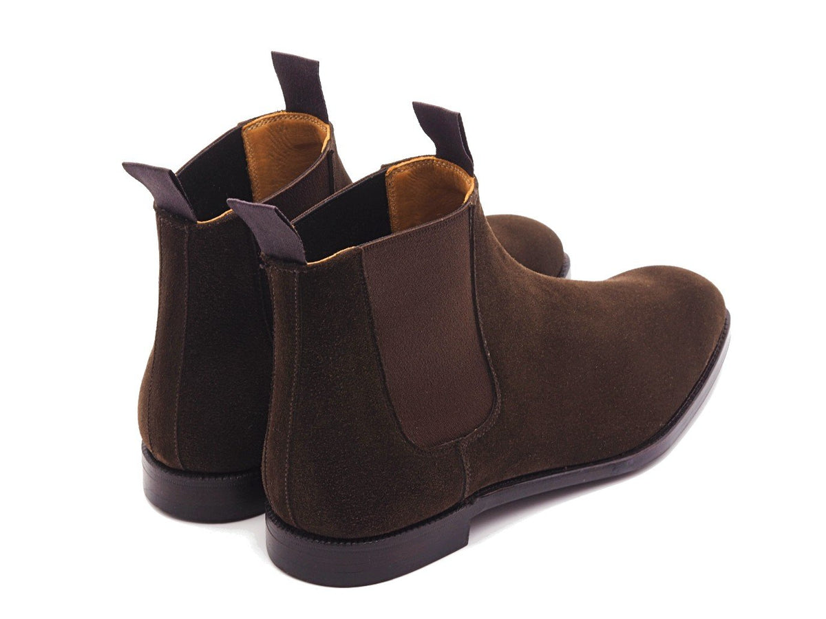 Back angle view of Crockett & Jones Maitland chelsea boots in dark brown suede