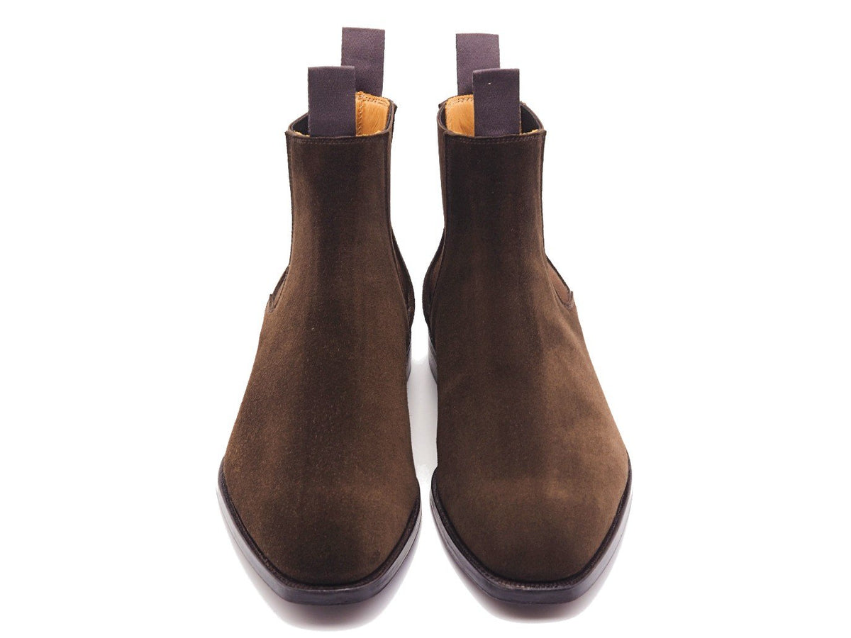 Front view of Crockett & Jones Maitland chelsea boots in dark brown suede