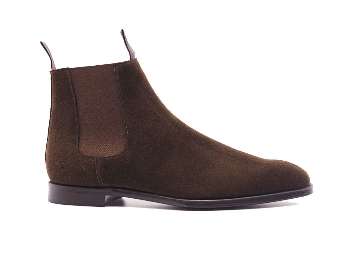 Side view of Crockett & Jones Maitland chelsea boots in dark brown suede