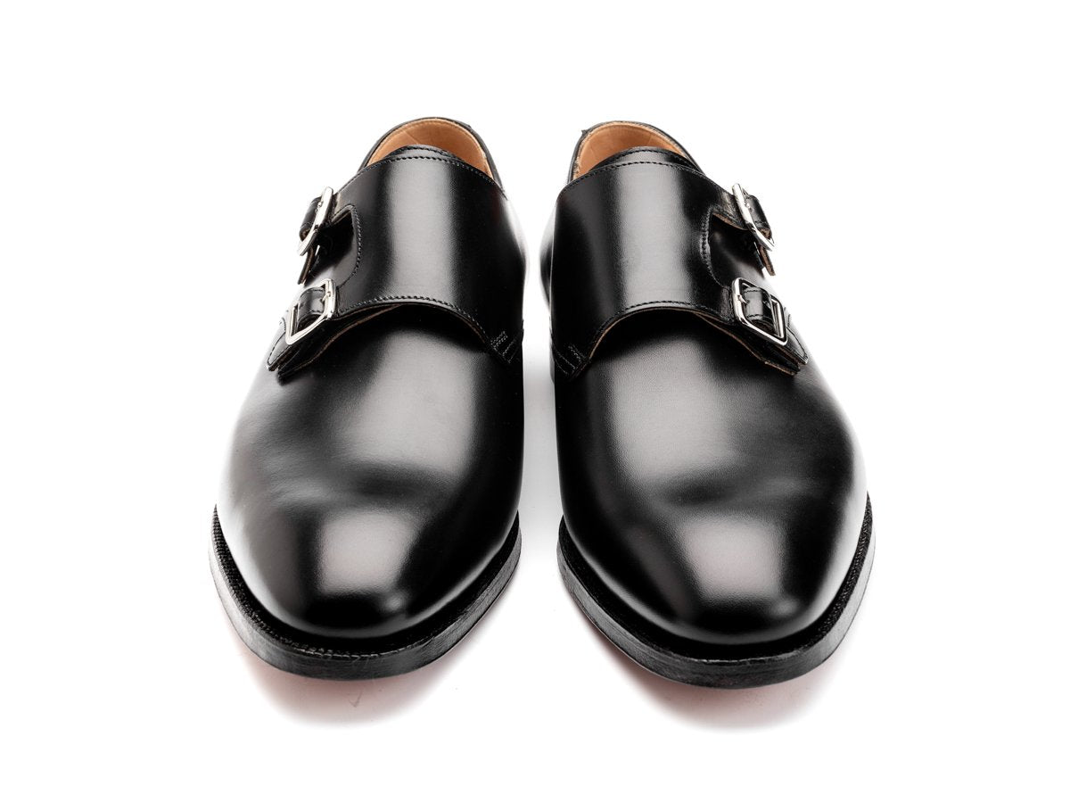 Front view of Crockett & Jones Melbourne plain toe Shopovas strap shoes in black calf
