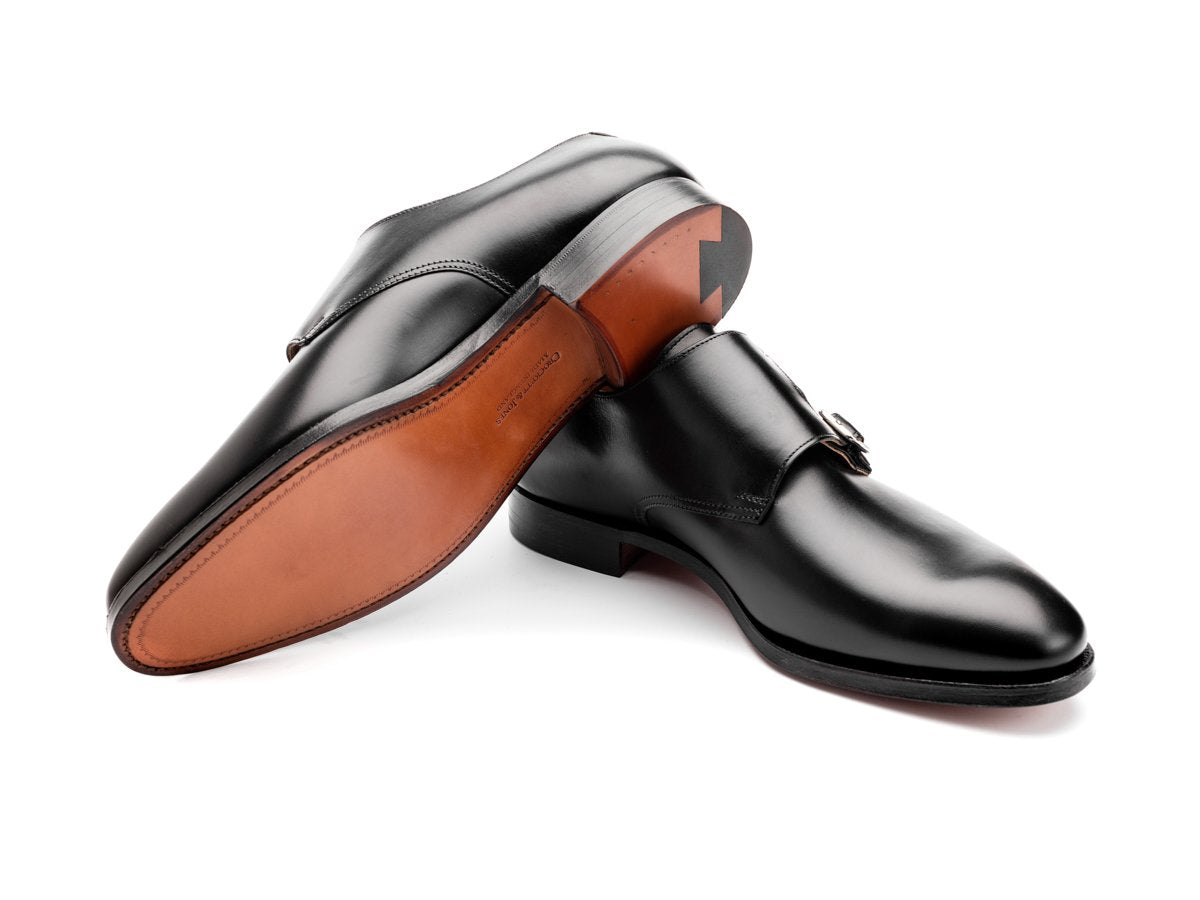 Leather sole of Crockett & Jones Melbourne plain toe Shopovas strap shoes in black calf