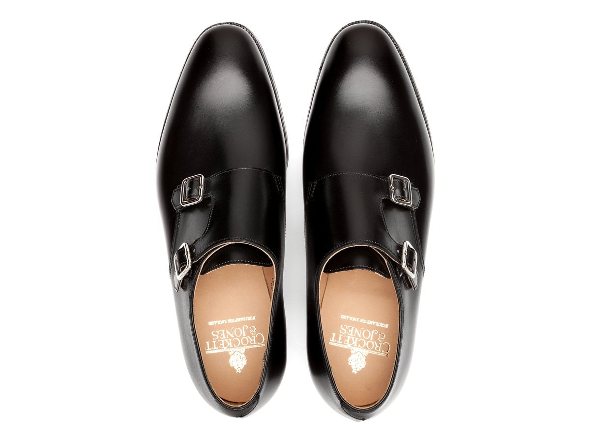 Top view of Crockett & Jones Melbourne plain toe Shopovas strap shoes in black calf