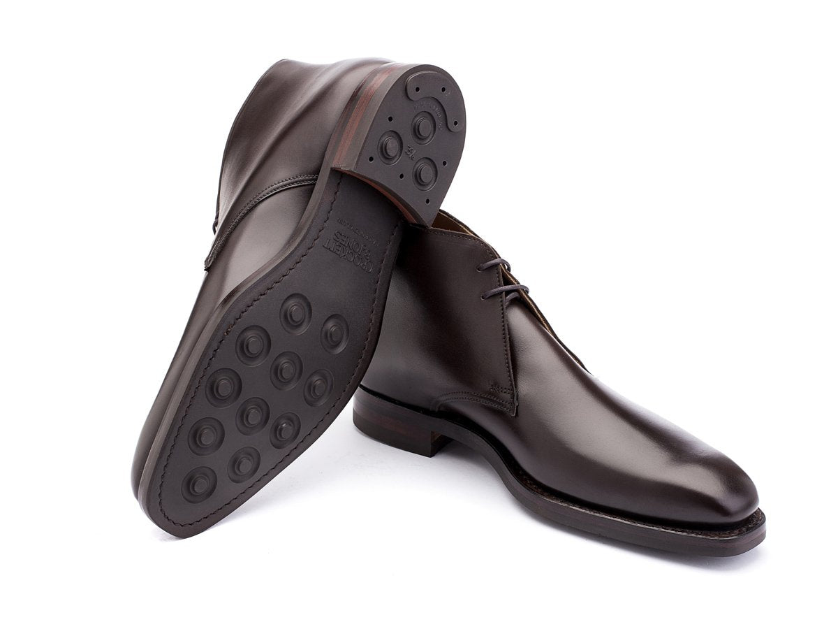Dainite rubber sole of Crockett & Jones Tetbury chukka boots in dark brown calf
