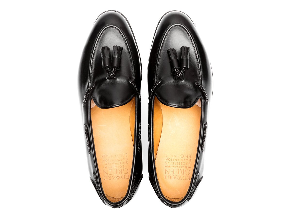 Top view of Edward Green Belgravia braided tassel loafers in black calf