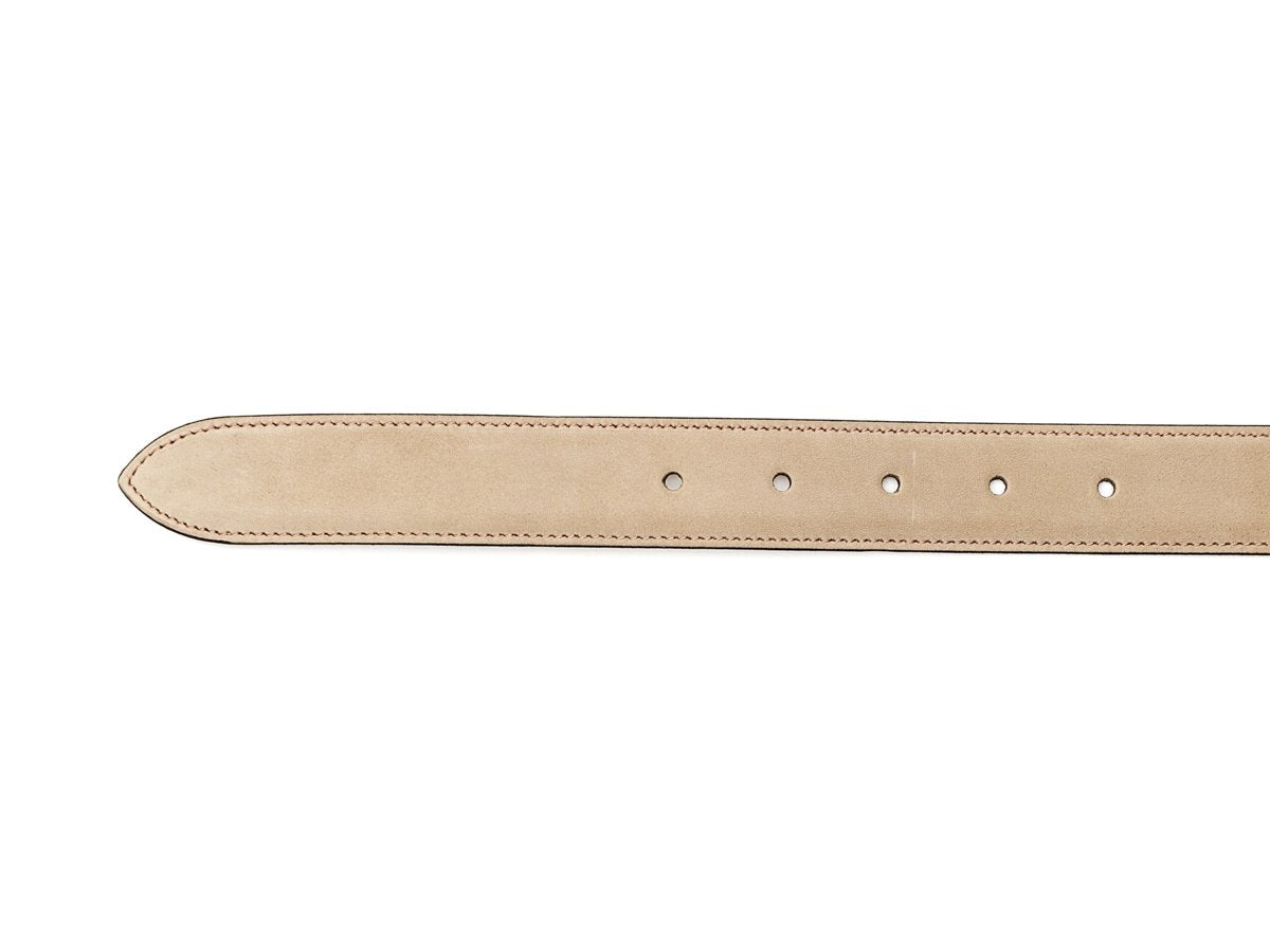 Edward Green beige nubuck belt punch holes and end