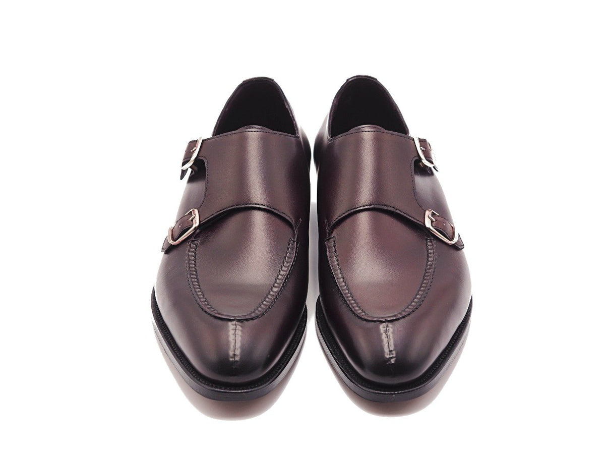 Front view of Edward Green Fulham split toe Shopovas strap shoes in nightshade antique calf