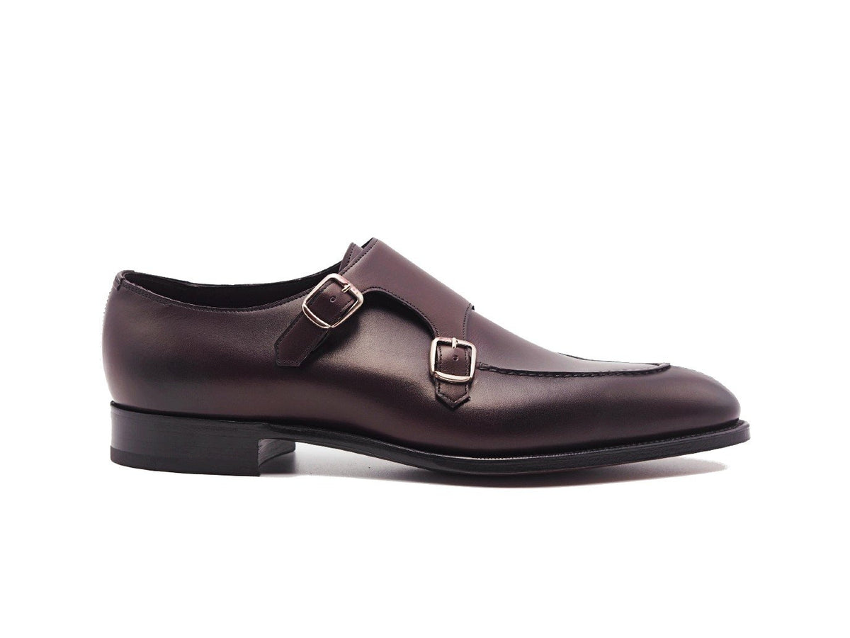 Side view of Edward Green Fulham split toe Shopovas strap shoes in nightshade antique calf