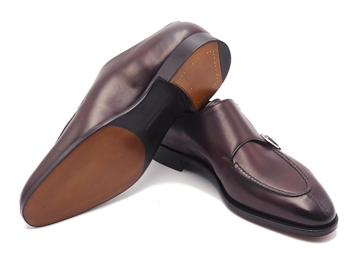 Leather sole of Edward Green Fulham split toe Shopovas strap shoes in nightshade antique calf