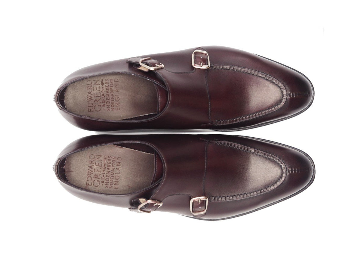 Top view of Edward Green Fulham split toe Shopovas strap shoes in nightshade antique calf