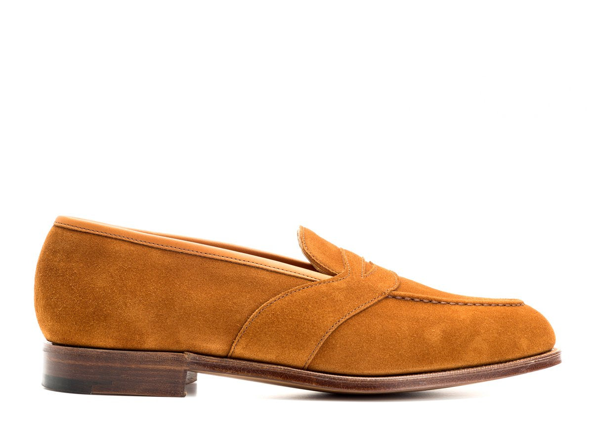 Side view of Edward Green Montpellier full strap penny loafer in tobacco suede