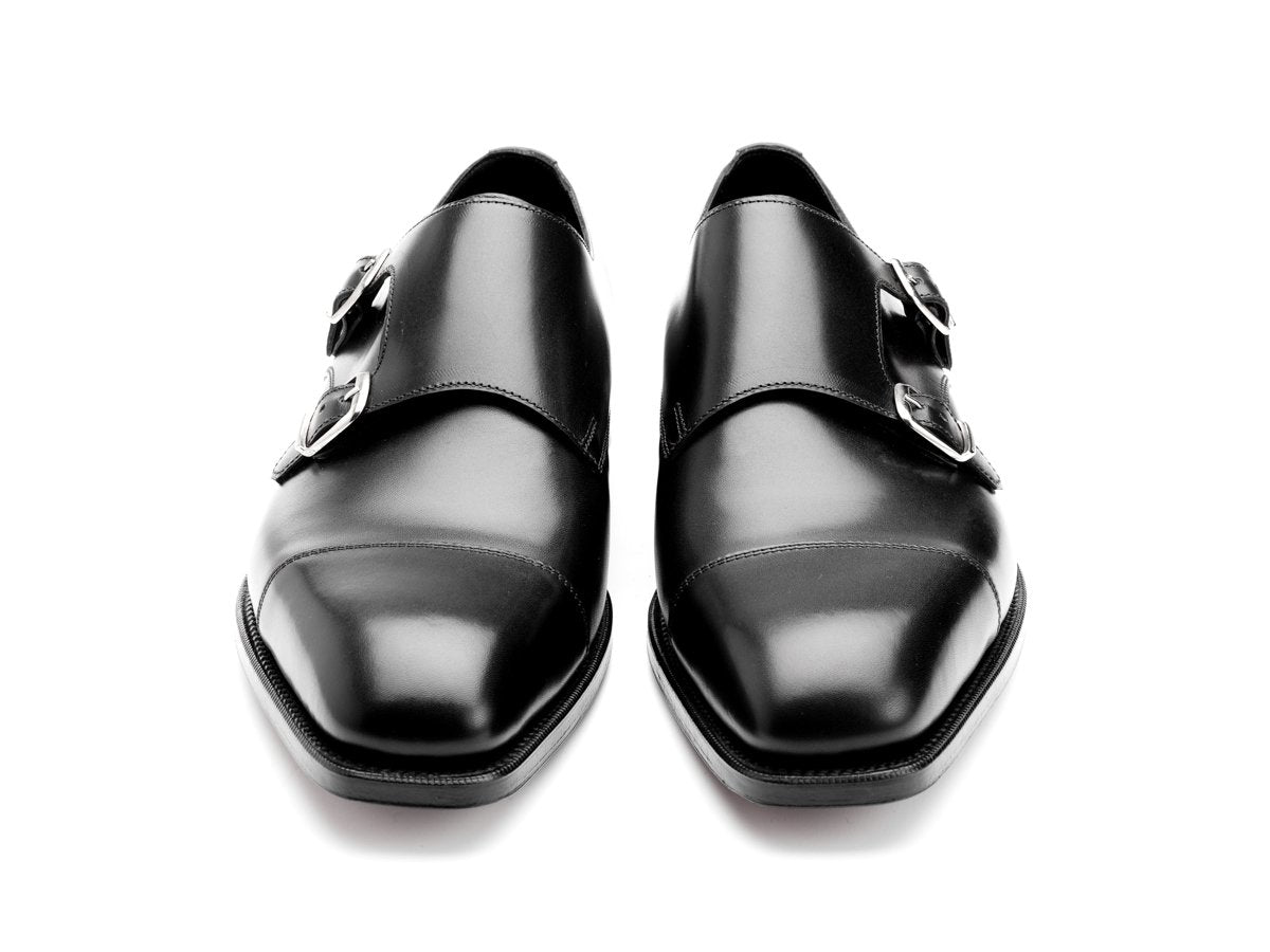 Front view of Edward Green Westminster plain captoe Shopovas strap shoes in black calf