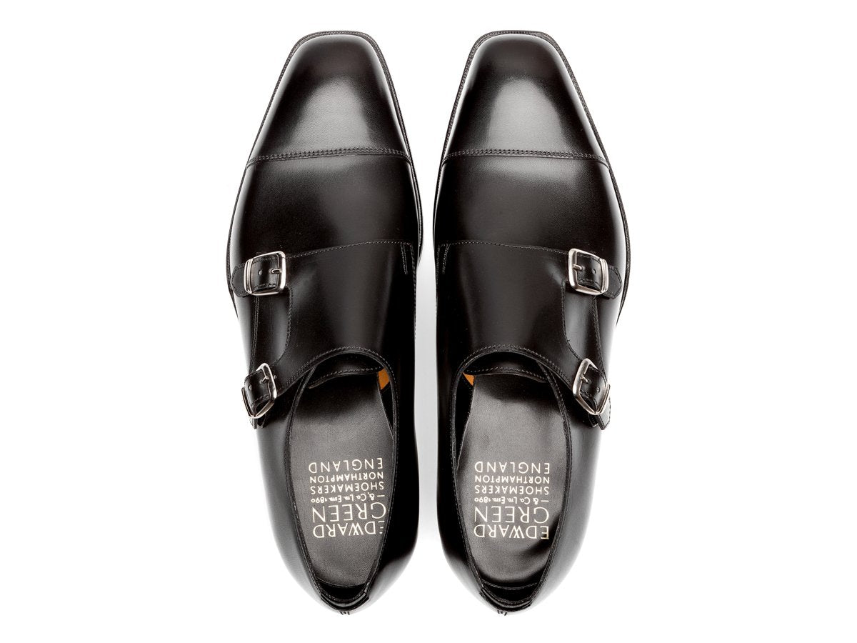 Top view of Edward Green Westminster plain captoe Shopovas strap shoes in black calf