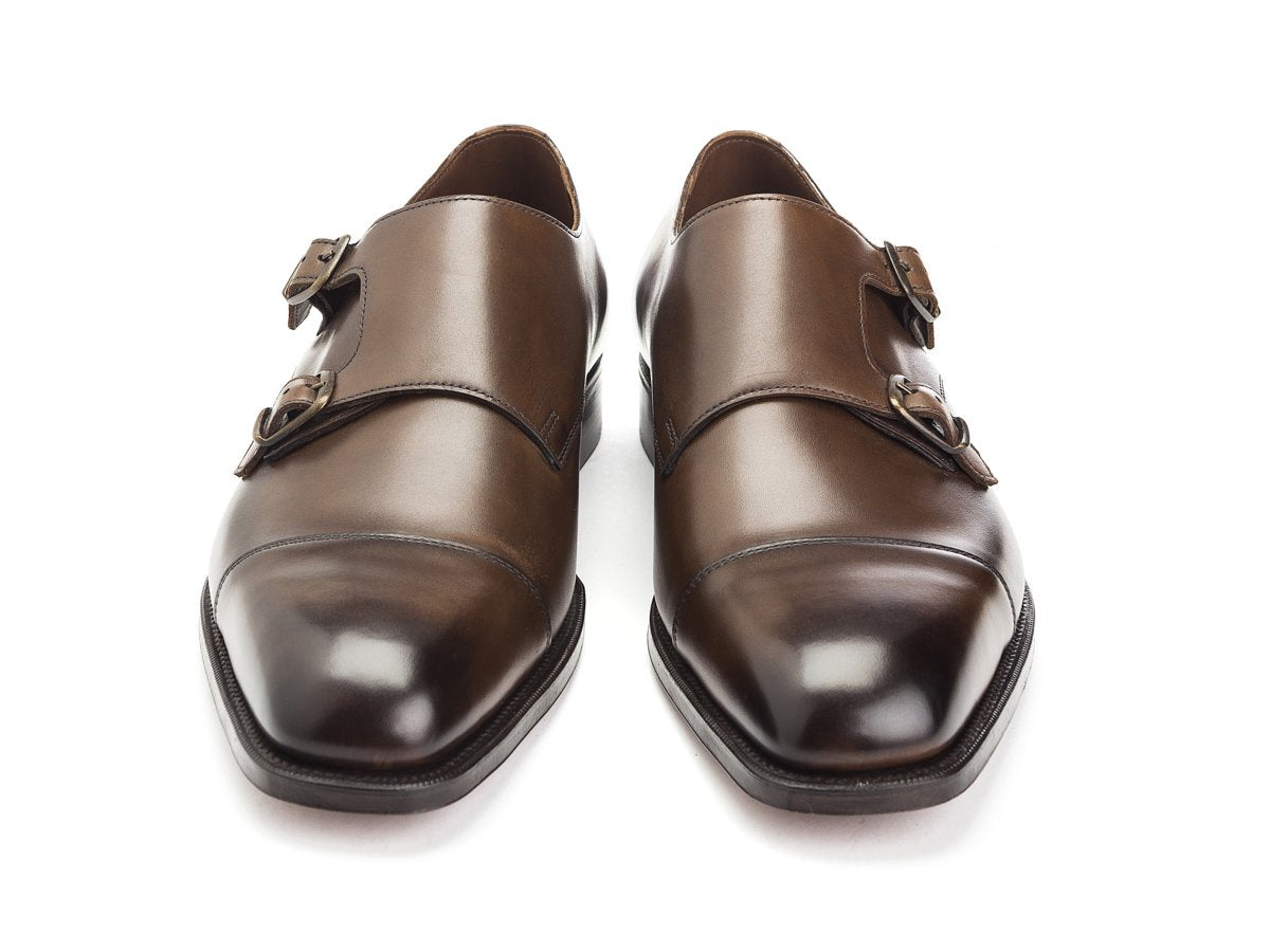 Front view of Edward Green Westminster plain captoe Shopovas strap shoes in dark oak antique calf
