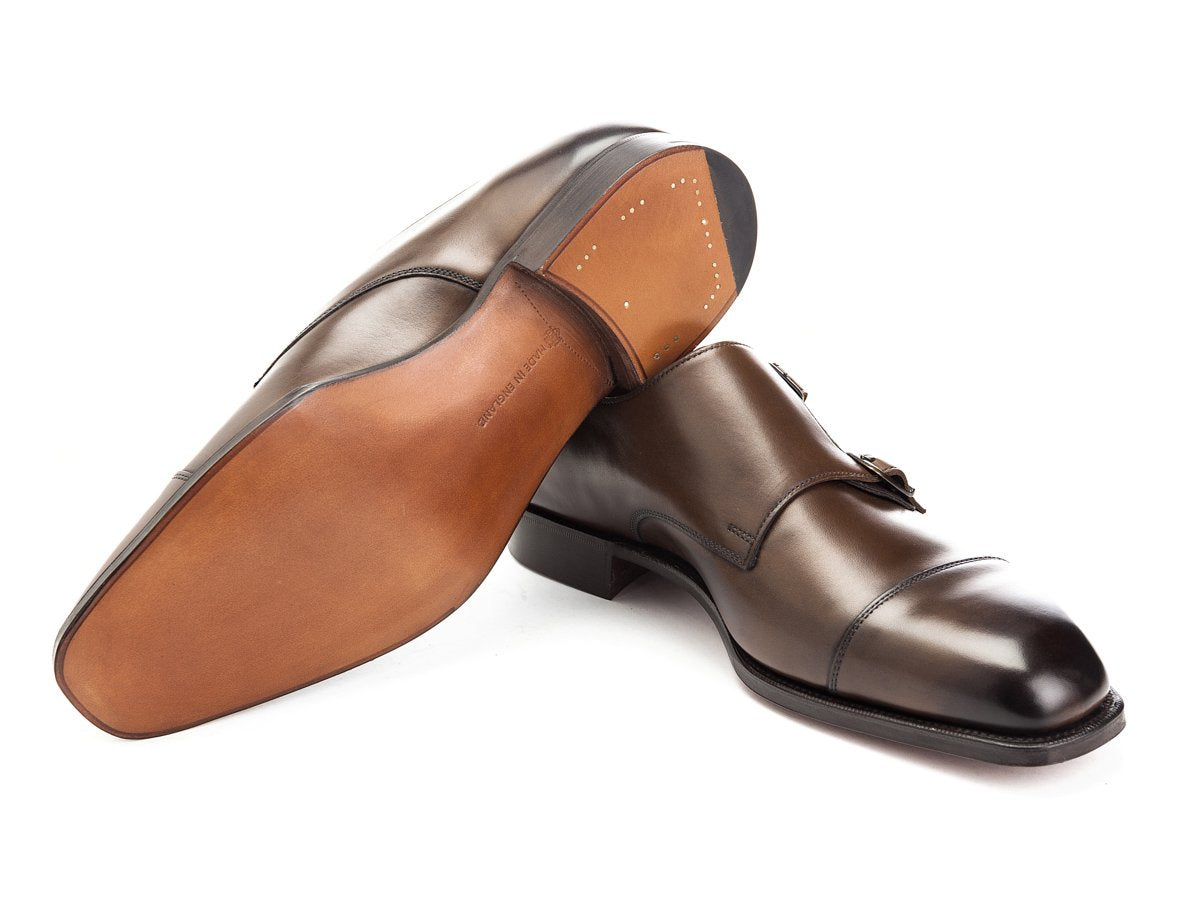 Leather sole of Edward Green Westminster plain captoe Shopovas strap shoes in dark oak antique calf