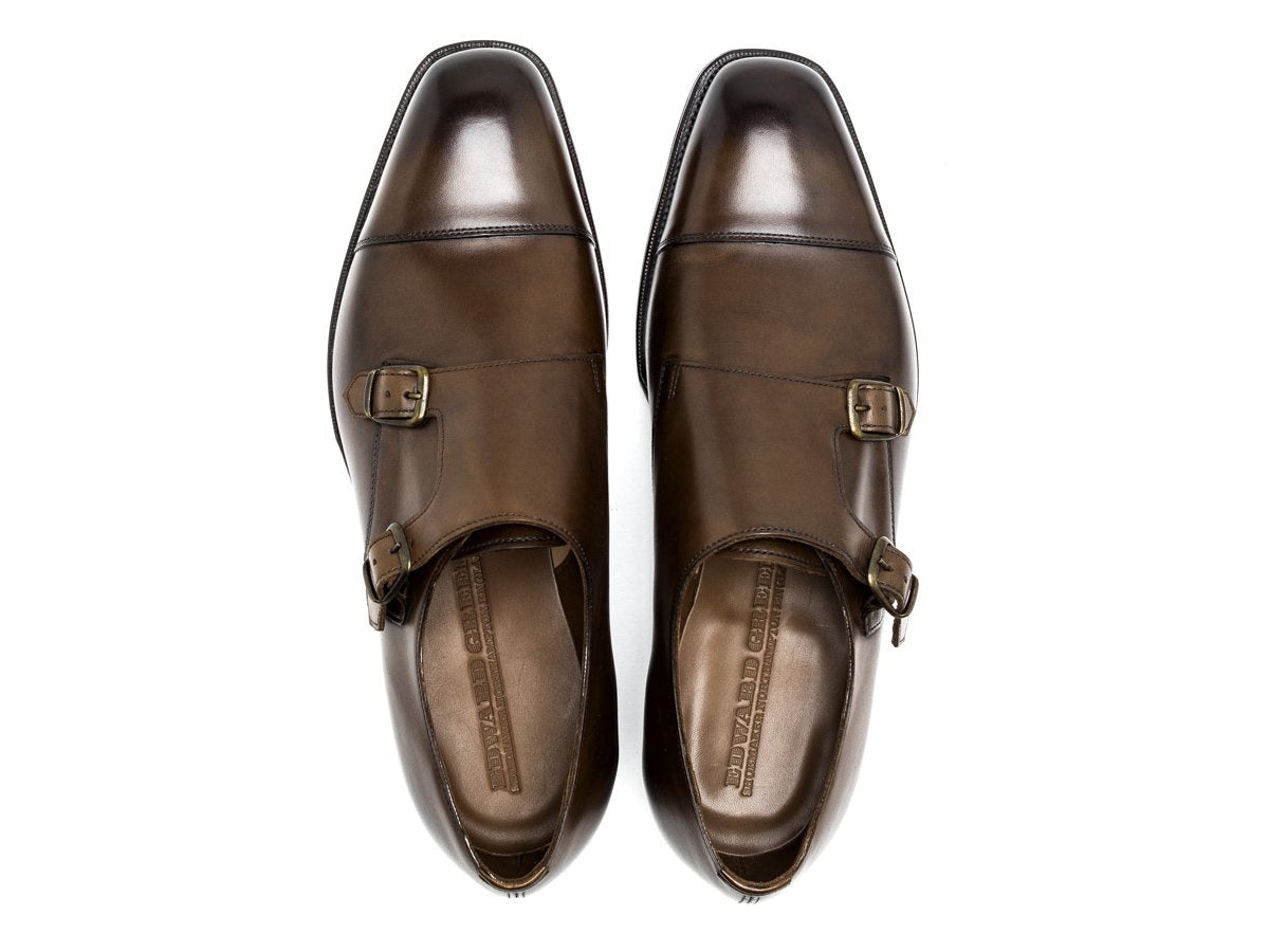 Top view of Edward Green Westminster plain captoe Shopovas strap shoes in dark oak antique calf
