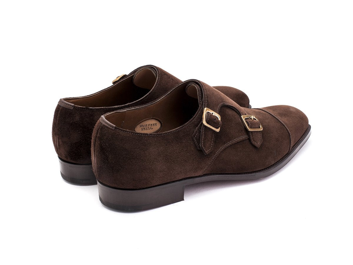 Back angle view of F width Edward Green Westminster plain captoe Shopovas strap shoes in mink suede