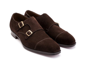 Front angle view of F width Edward Green Westminster plain captoe Shopovas strap shoes in mink suede