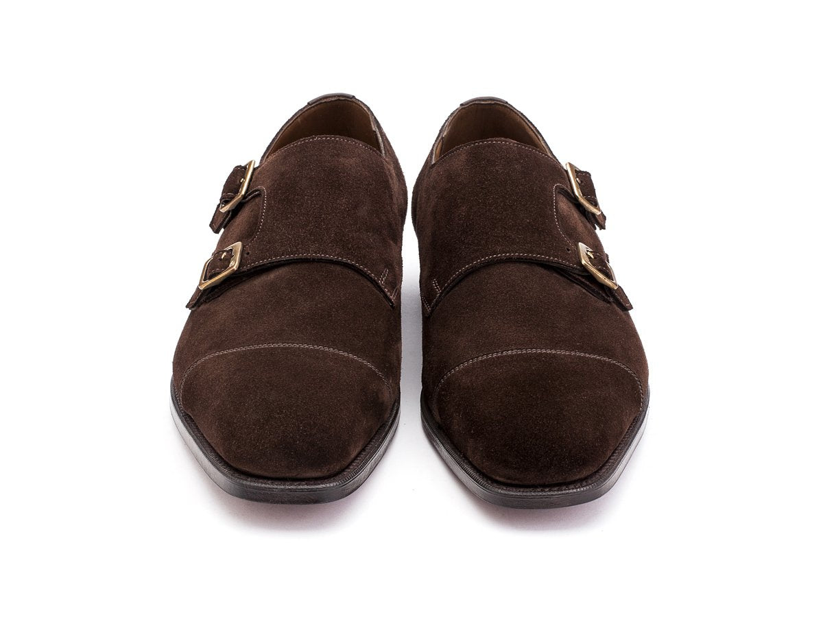 Front view of F width Edward Green Westminster plain captoe Shopovas strap shoes in mink suede