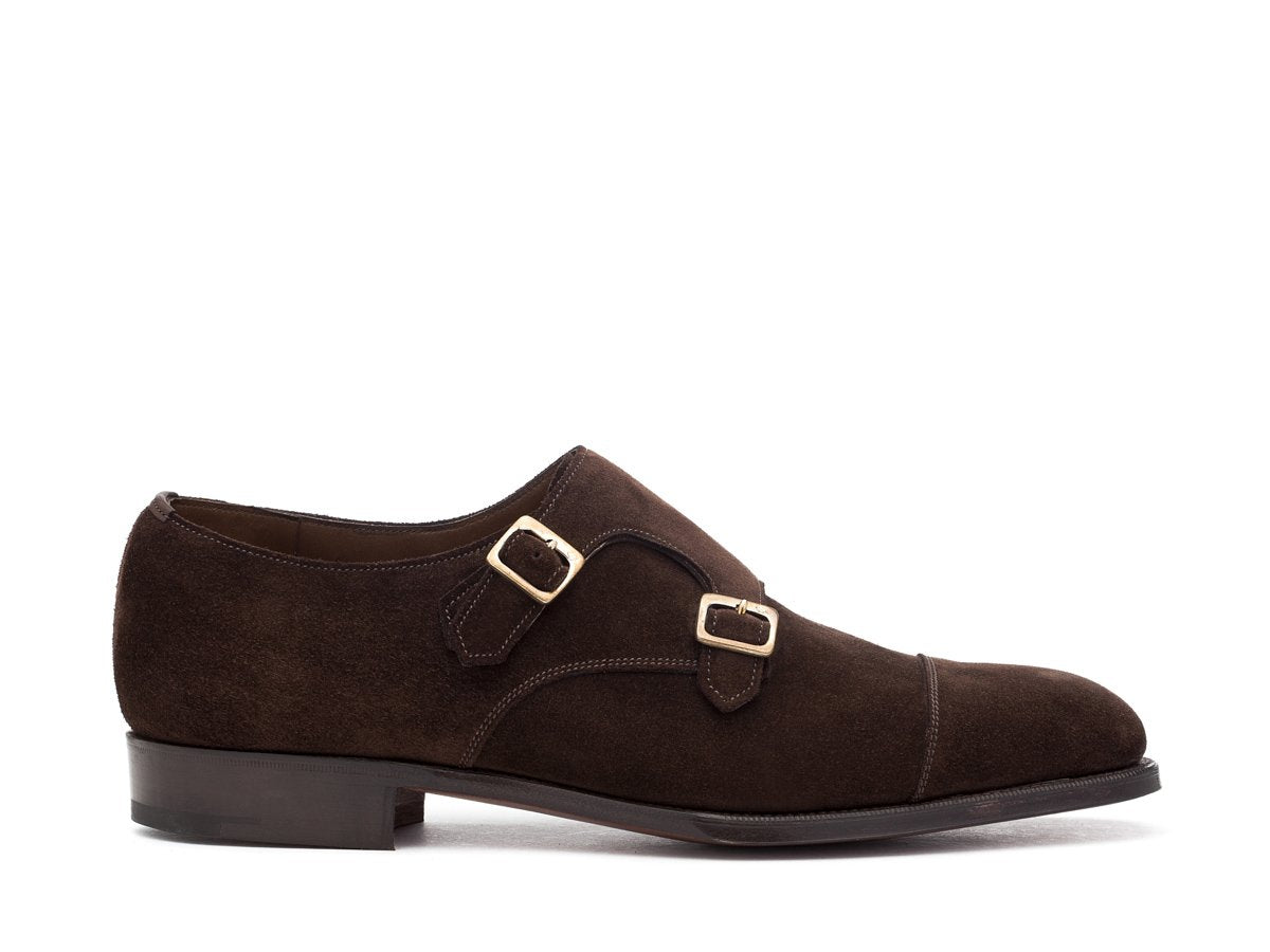 Side view of F width Edward Green Westminster plain captoe Shopovas strap shoes in mink suede