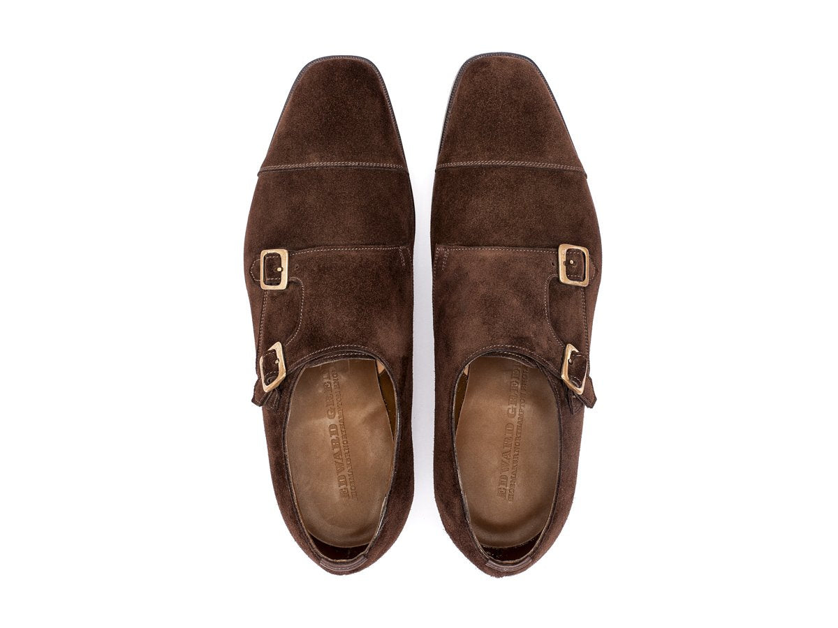 Top view of F width Edward Green Westminster plain captoe Shopovas strap shoes in mink suede
