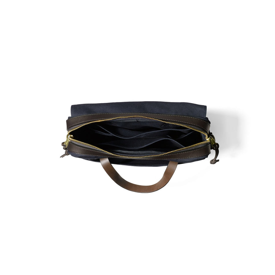 Top view of unzipped Filson Original Briefcase in navy