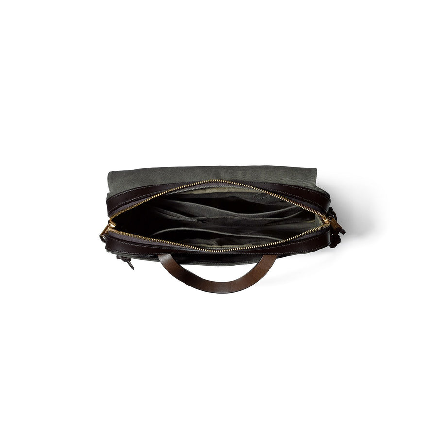 Top view of unzipped Filson Original Briefcase in otter green