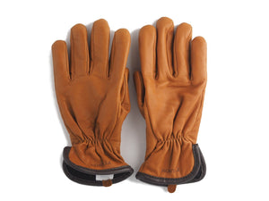 Back side of lined Filson Original Goatskin Gloves in saddle