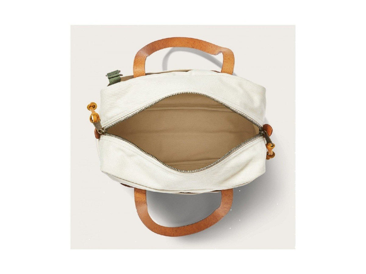 Top view of unzipped Filson Tote Bag With Zipper in mackinaw red