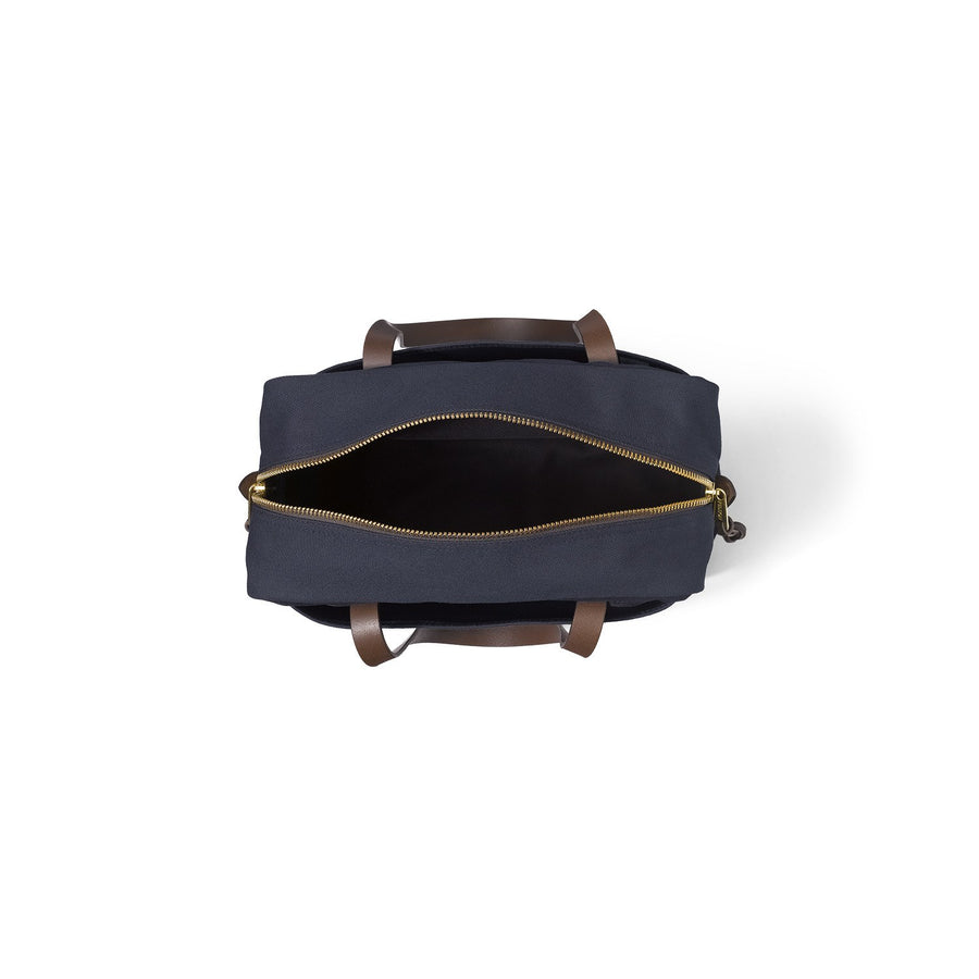Top view of unzipped Filson Tote Bag With Zipper in navy