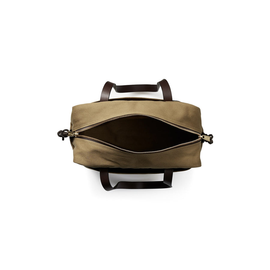 Top view of unzipped Filson Tote Bag With Zipper in tan