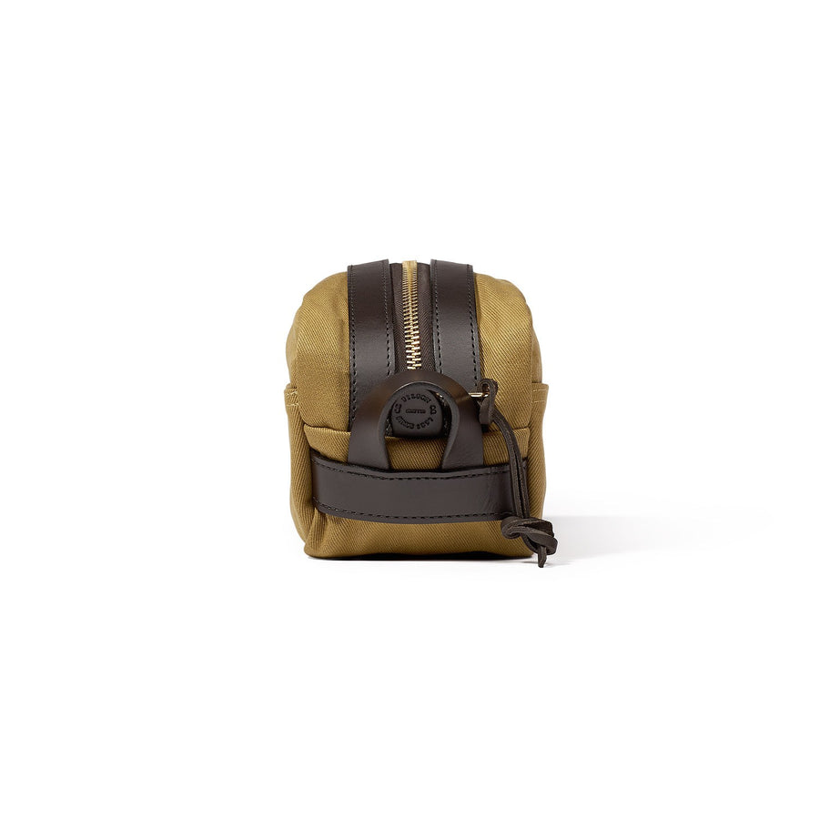 Left side view of Filson Travel Kit bag in tan