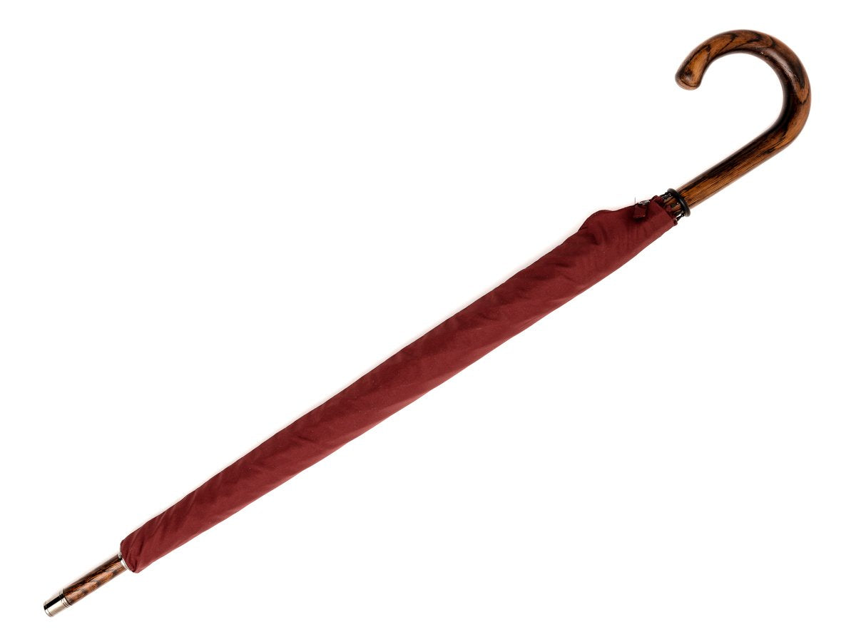 Canopy cover of solid oak Fox Umbrella with burgundy canopy