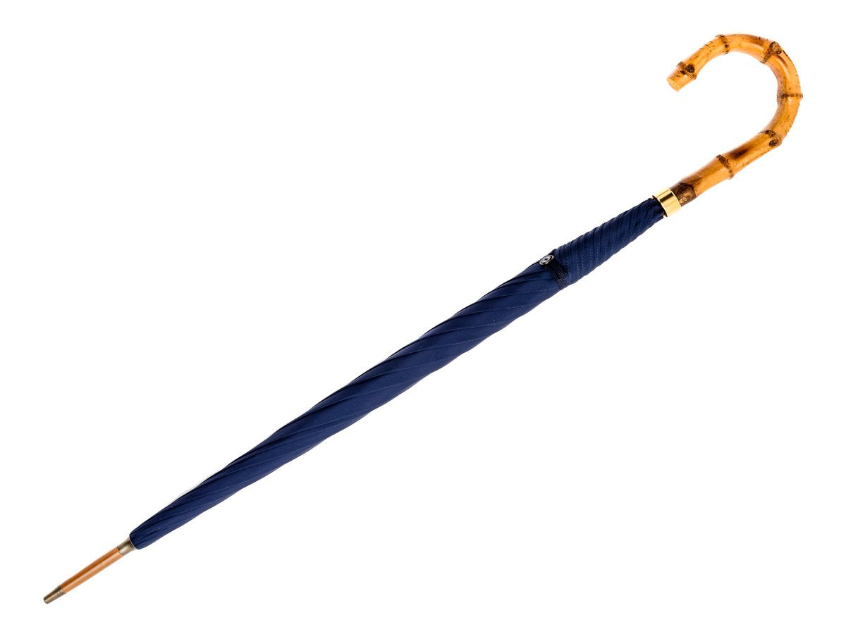 Full length view whangee handle tube Fox Umbrella with french navy canopy